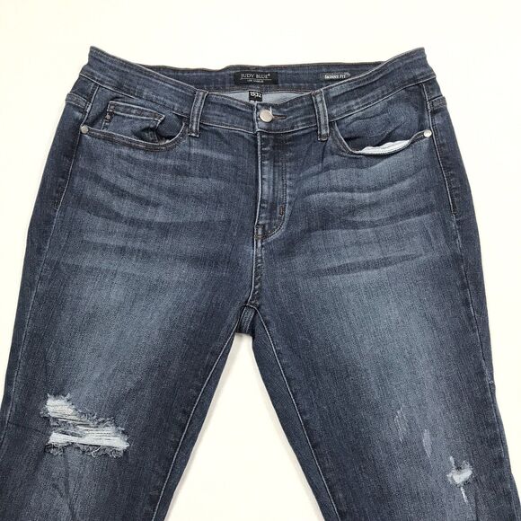 JUDY BLUE Skinny Jeans Women 34x28 Slim Fit Dark Wash Blue Distressed Fray Cuff - Picture 3 of 16